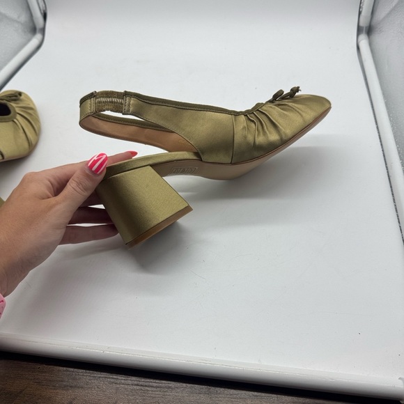 Anthropologie Maeve Satin Slingback Heels Gold Bow Size 38 - Picture 10 of 14